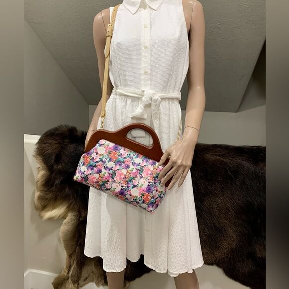 Handmade Genuine Leather Floral Print Large Wooden Frame Bag & 2 Strap Styles - Picture 8 of 15